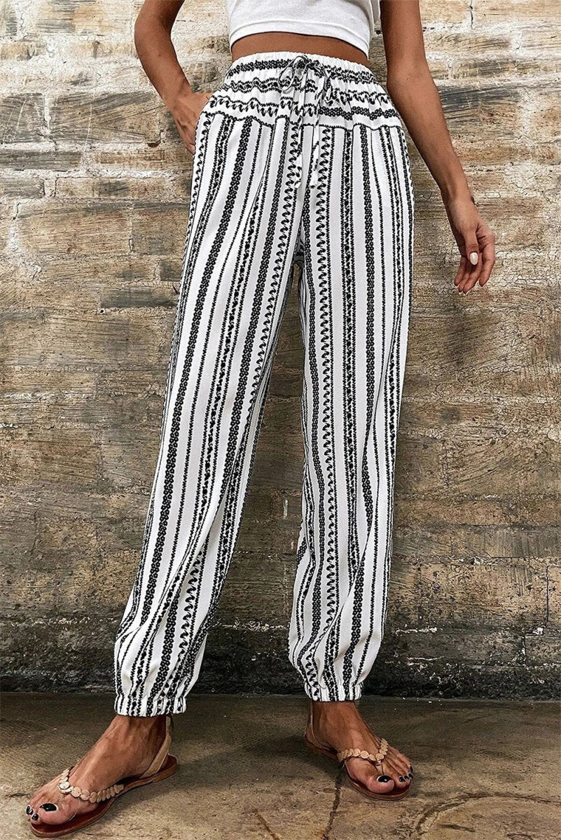 Printed Elastic Waist Pants - Bottoms