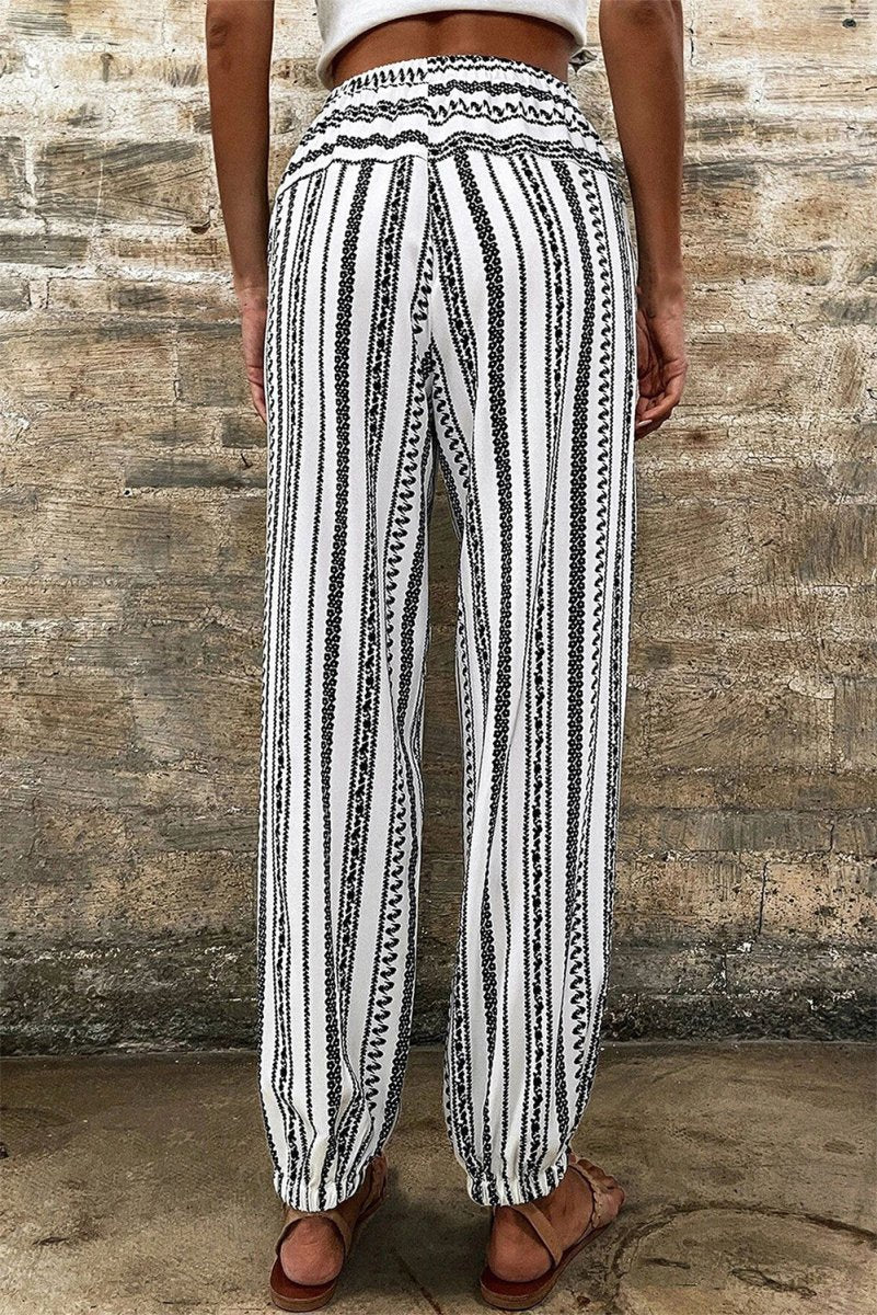 Printed Elastic Waist Pants - Bottoms