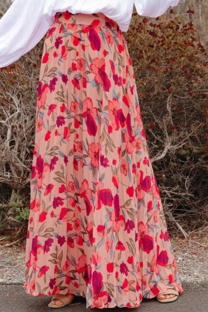 Printed Elastic Waist Pleated Maxi Skirt - Bottoms