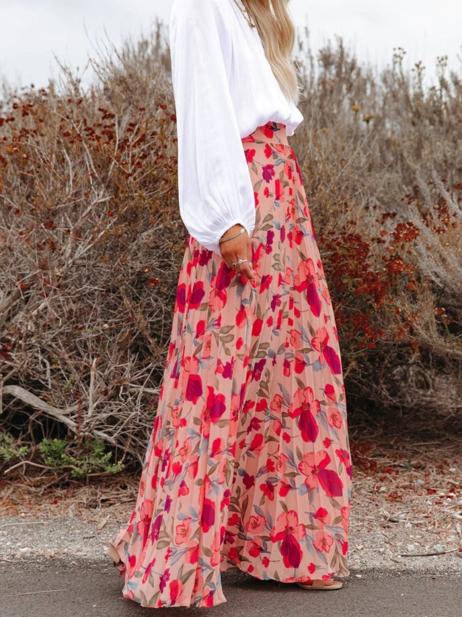 Printed Elastic Waist Pleated Maxi Skirt - Bottoms