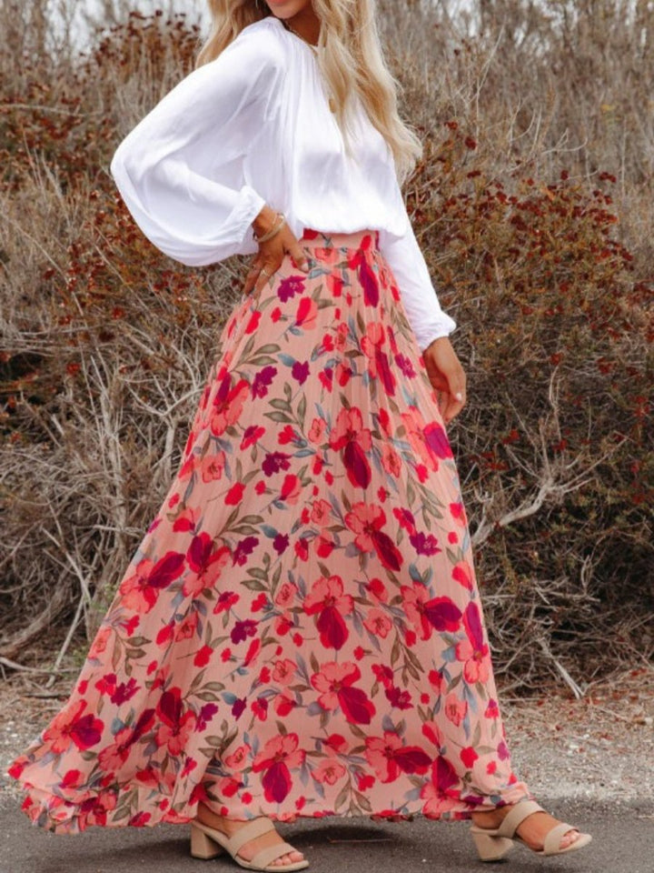 Printed Elastic Waist Pleated Maxi Skirt - Bottoms