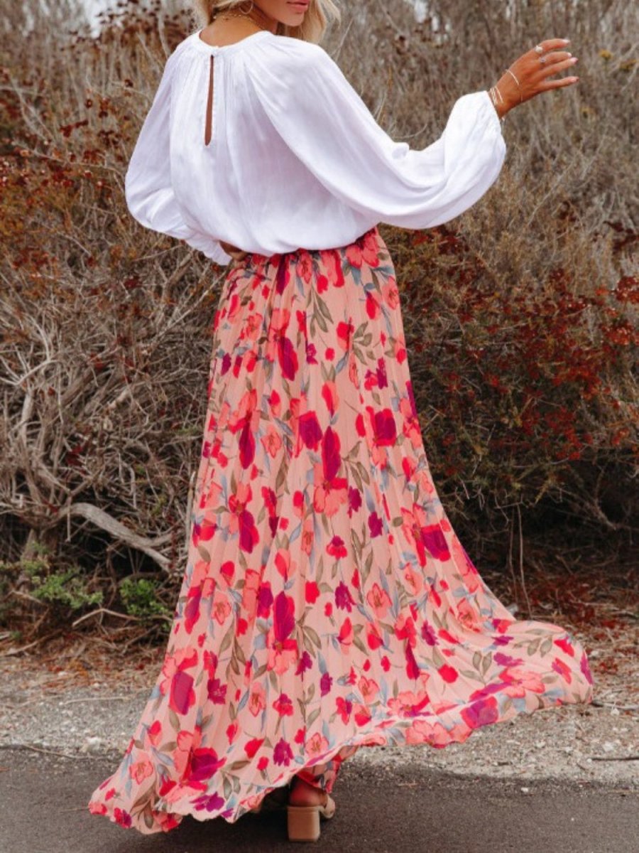 Printed Elastic Waist Pleated Maxi Skirt - Bottoms