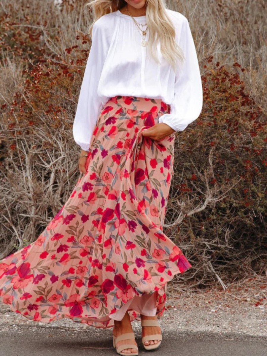 Printed Elastic Waist Pleated Maxi Skirt - Bottoms