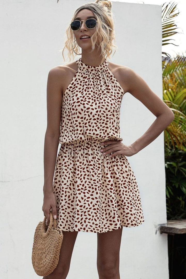 Printed Grecian Neck Mini Dress - Casual Dress