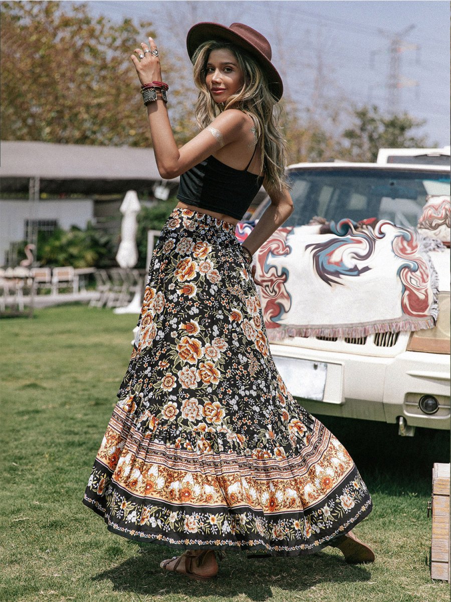 Printed High - Low Ruffle Hem Skirt - Bottoms