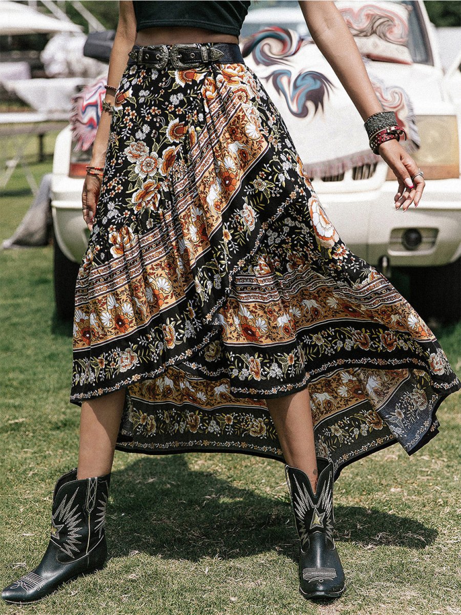 Printed High - Low Ruffle Hem Skirt - Bottoms