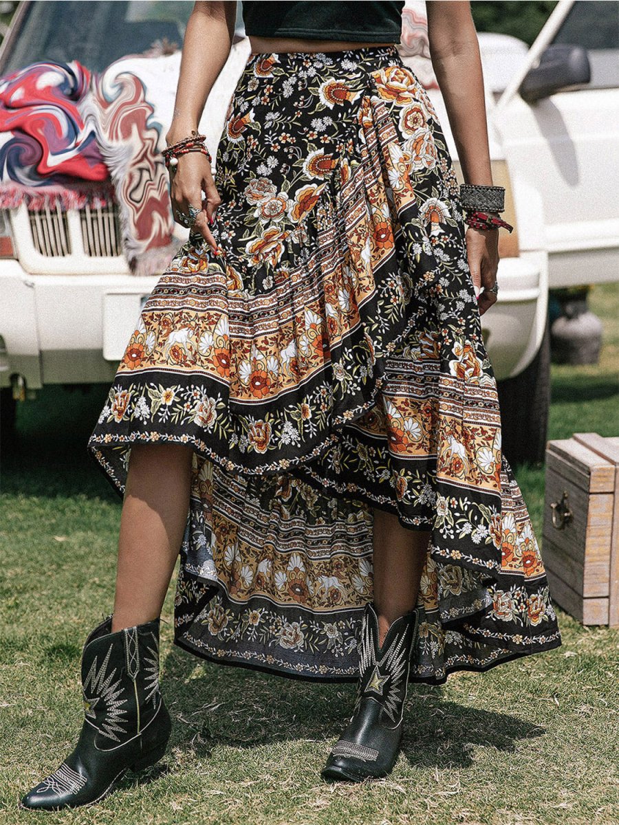 Printed High - Low Ruffle Hem Skirt - Bottoms