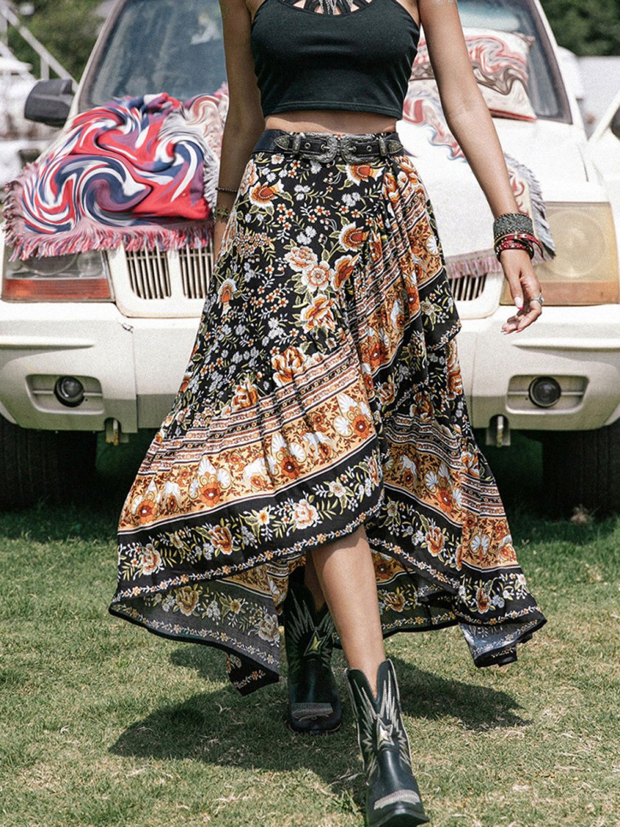 Printed High - Low Ruffle Hem Skirt - Bottoms