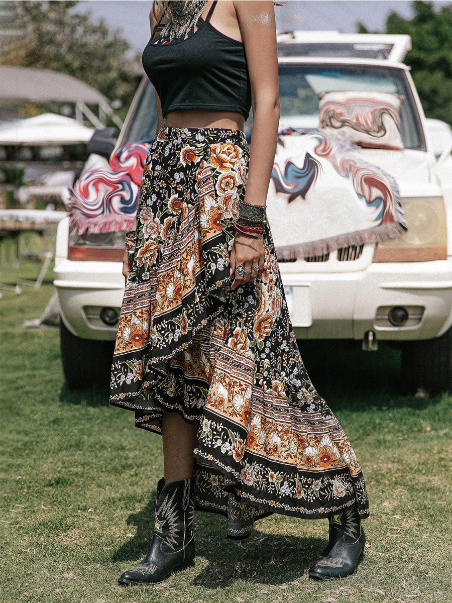 Printed High - Low Ruffle Hem Skirt - Bottoms
