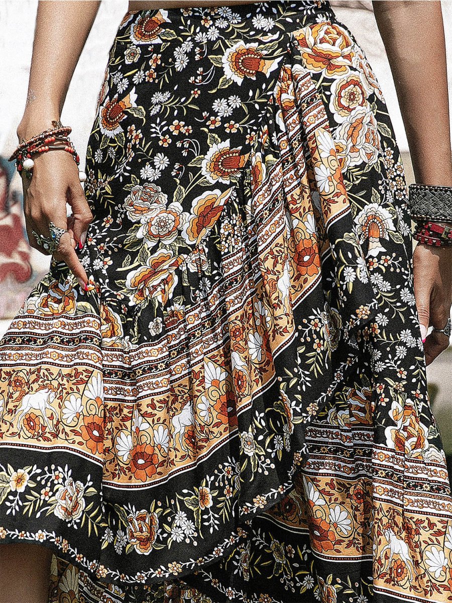 Printed High - Low Ruffle Hem Skirt - Bottoms