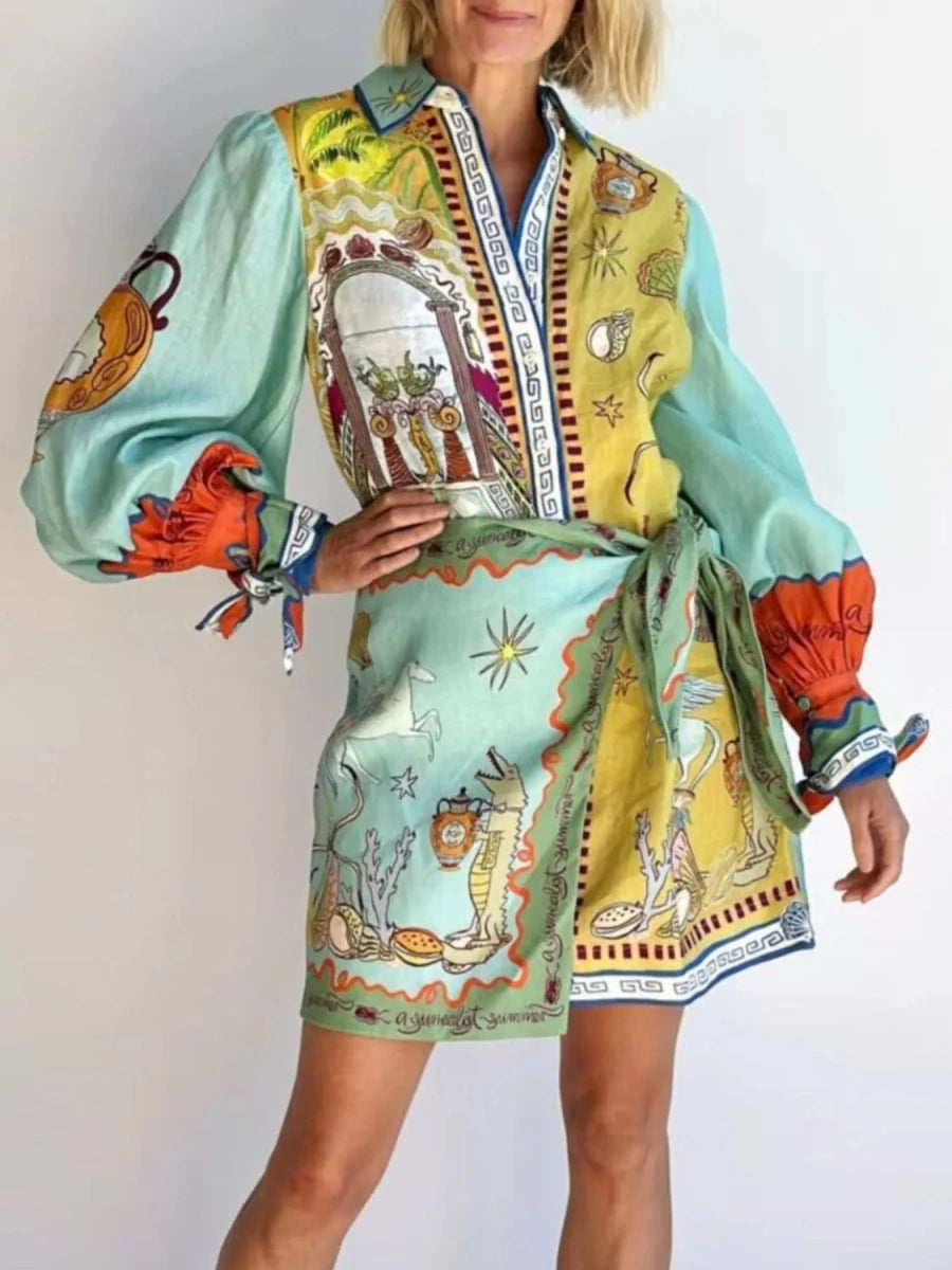 Printed Long Sleeve Shirt Dress - 