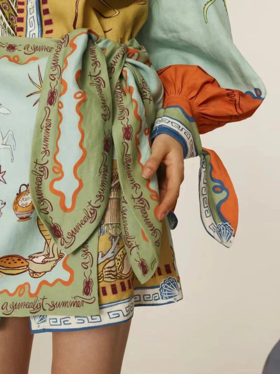 Printed Long Sleeve Shirt Dress - 