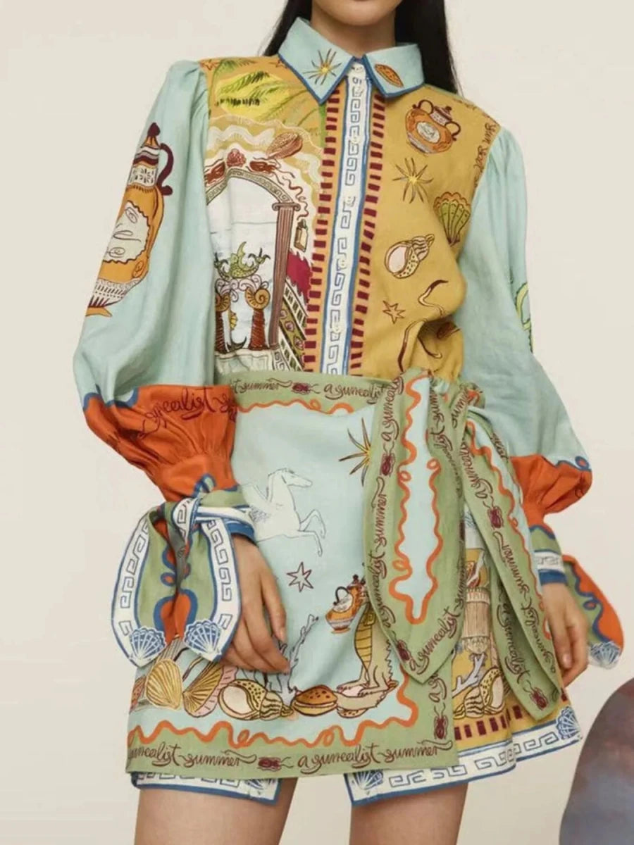 Printed Long Sleeve Shirt Dress - 