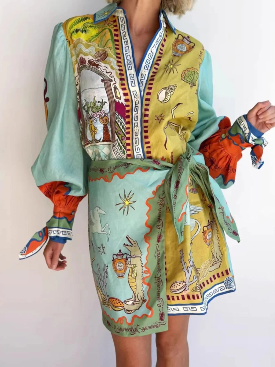 Printed Long Sleeve Shirt Dress - 