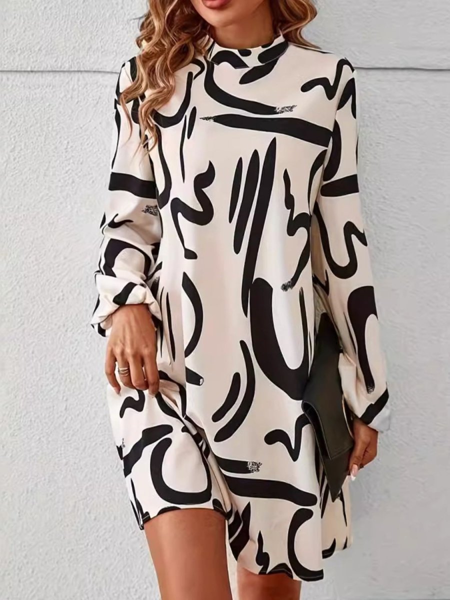 Printed Mock Neck Long Sleeve Mini Dress - Day Dress