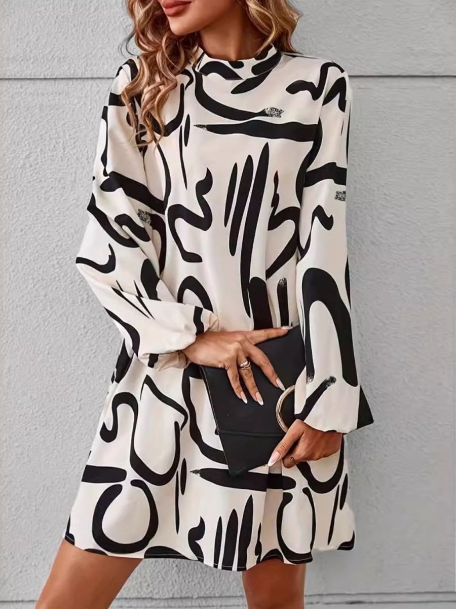 Printed Mock Neck Long Sleeve Mini Dress - Day Dress