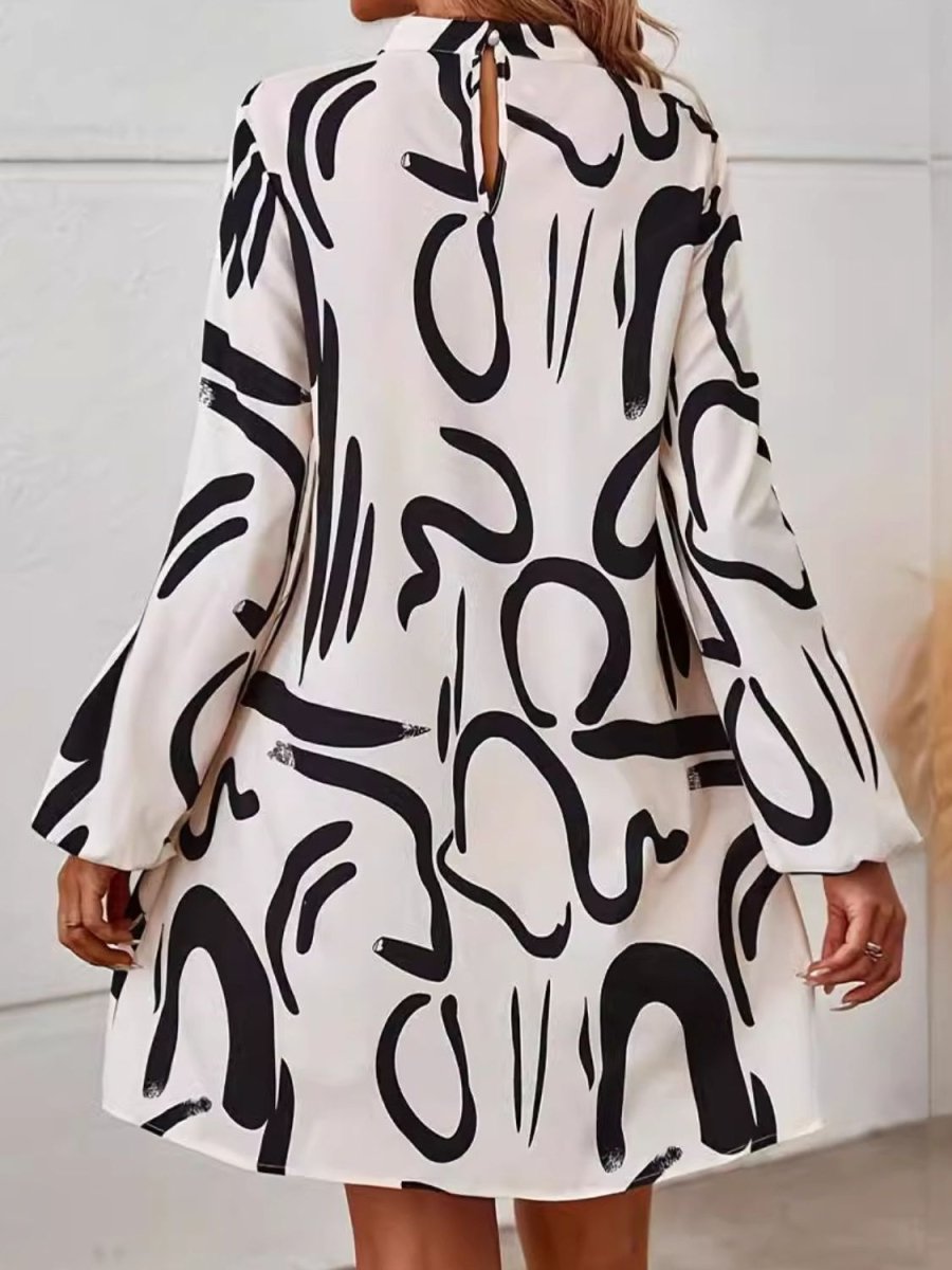 Printed Mock Neck Long Sleeve Mini Dress - Day Dress