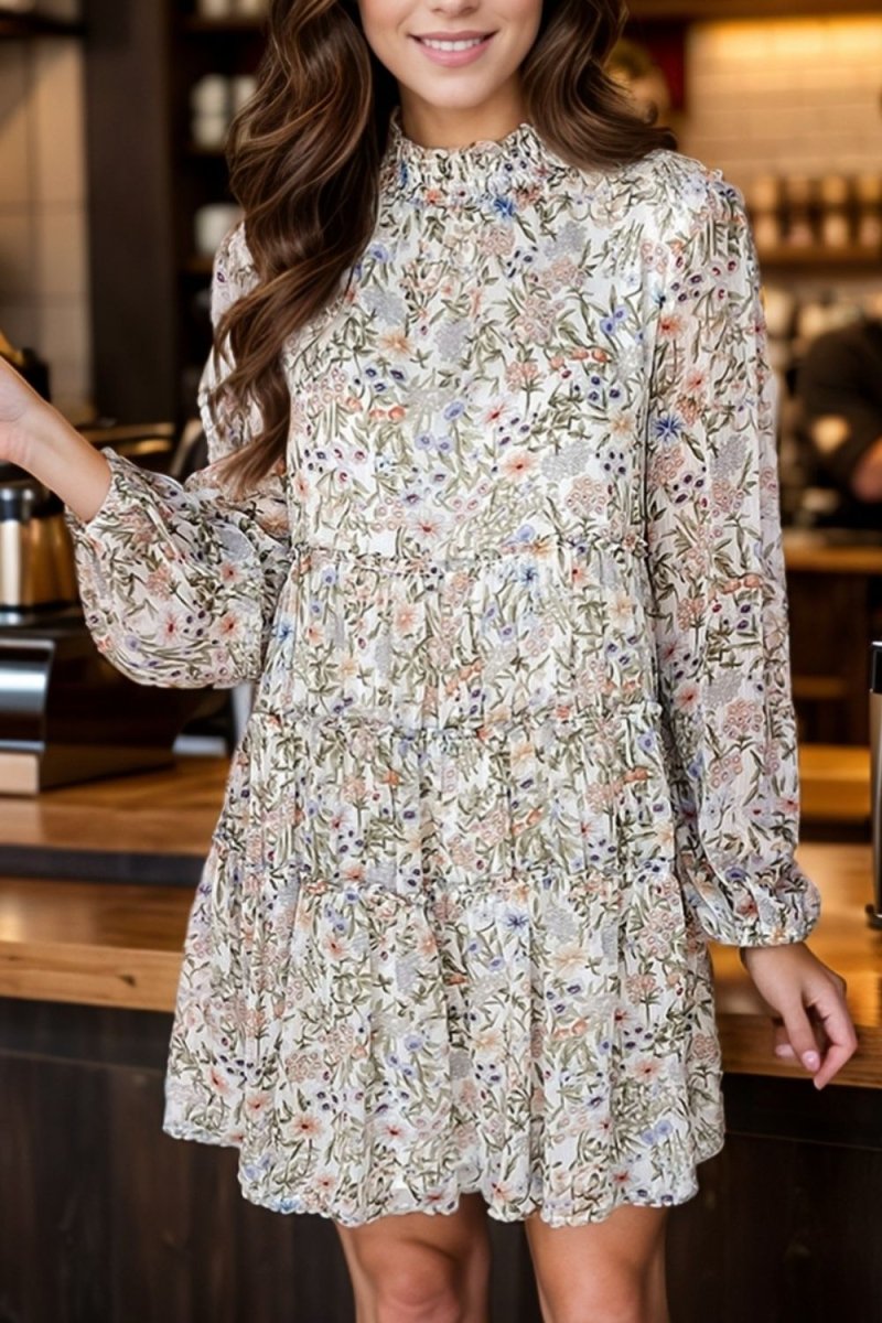 Printed Mock Neck Long Sleeve Mini Dress - Casual Dress