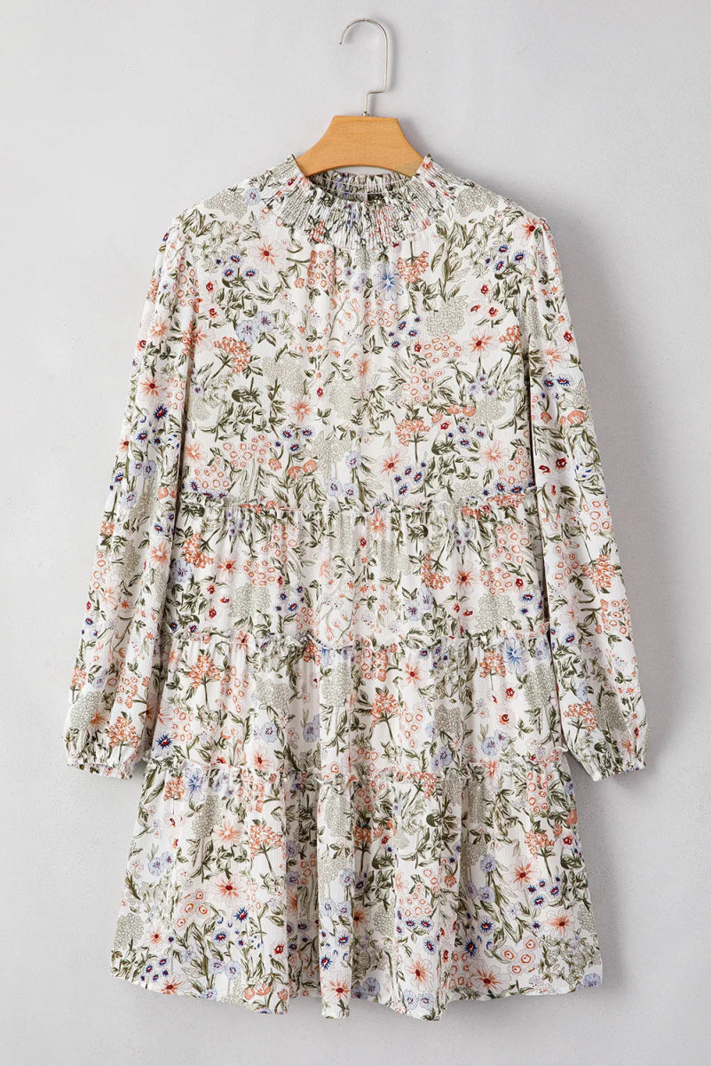 Printed Mock Neck Long Sleeve Mini Dress - Casual Dress