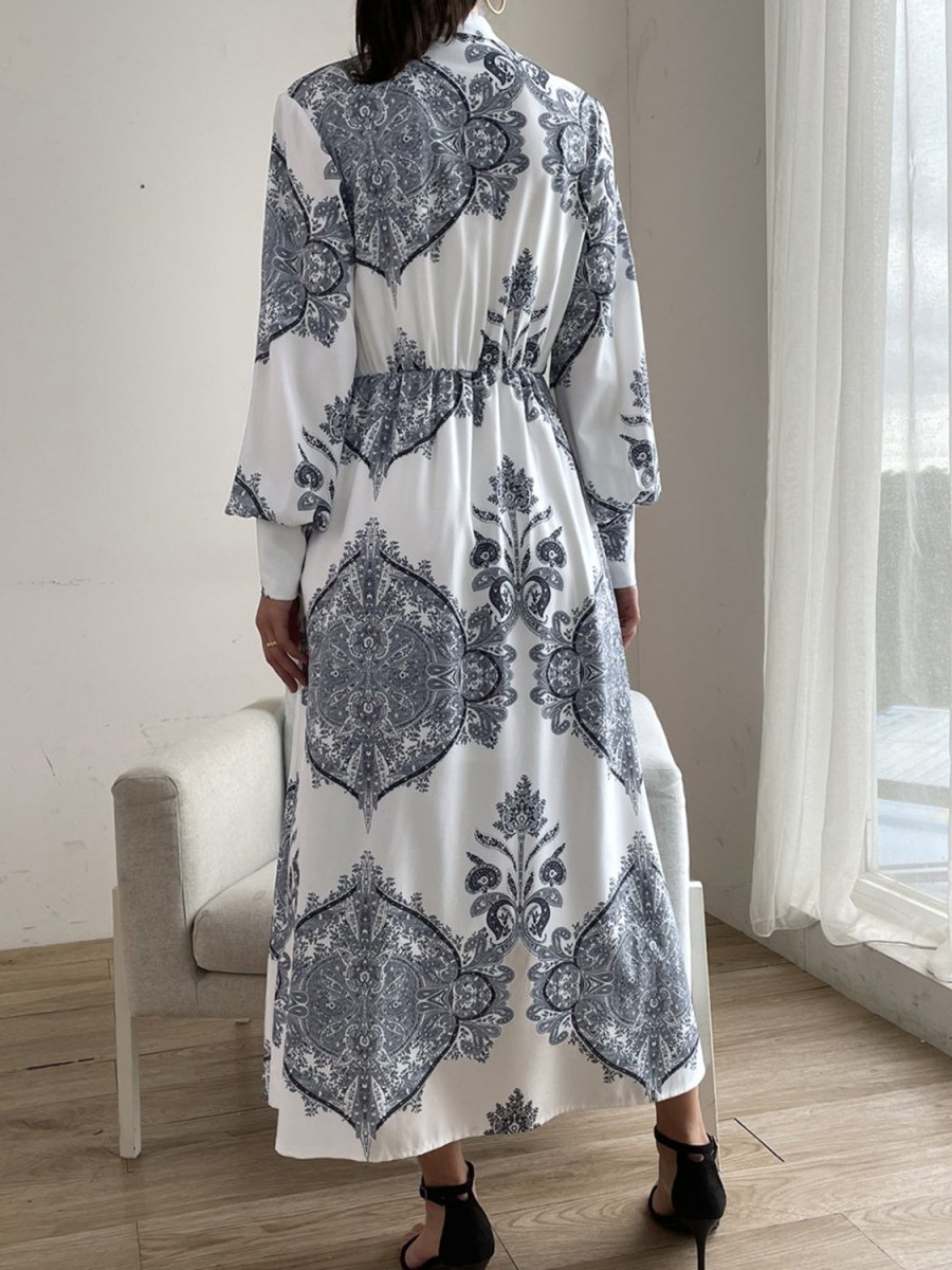 Printed Notched Lantern Sleeve Midi Dress - Casual Dress
