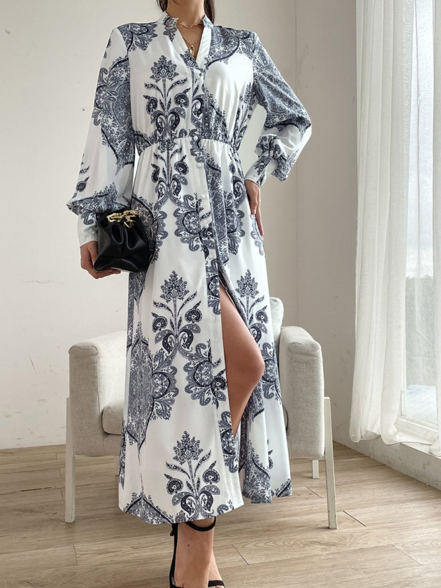 Printed Notched Lantern Sleeve Midi Dress - Casual Dress