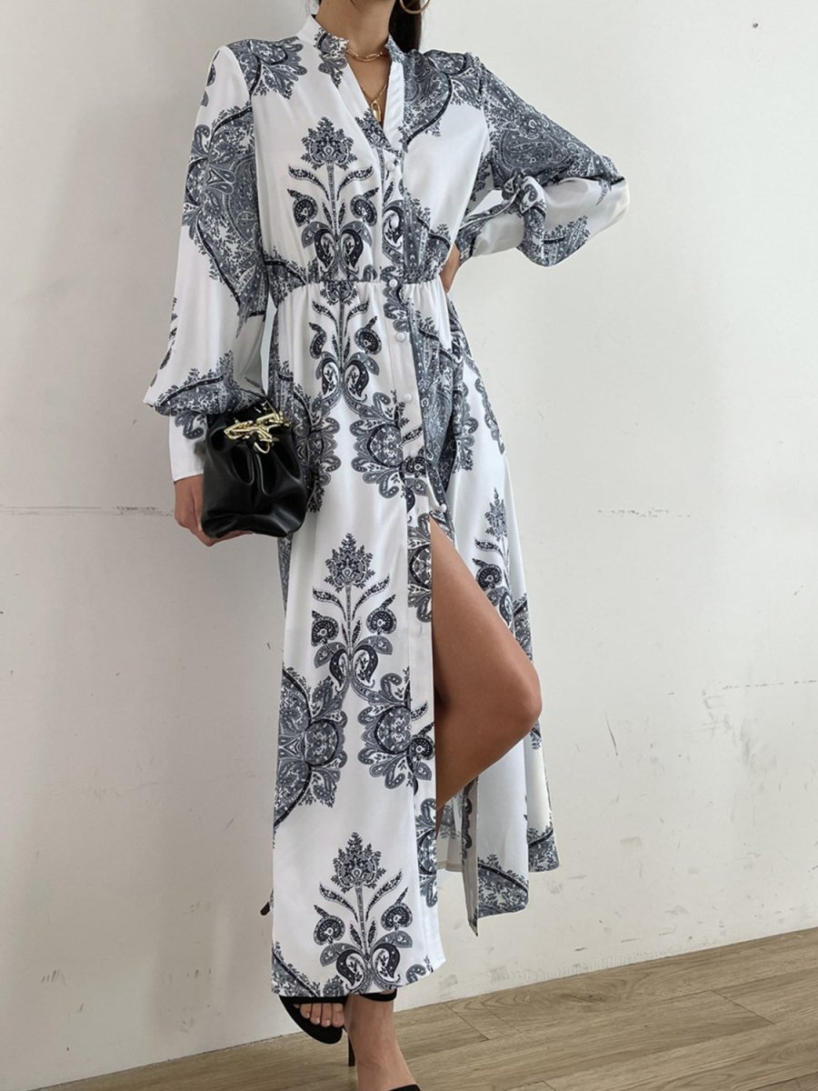 Printed Notched Lantern Sleeve Midi Dress - Casual Dress