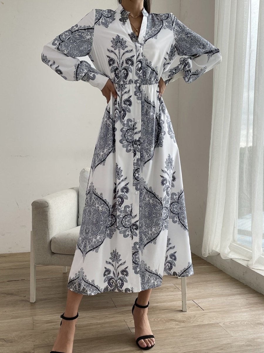 Printed Notched Lantern Sleeve Midi Dress - Casual Dress
