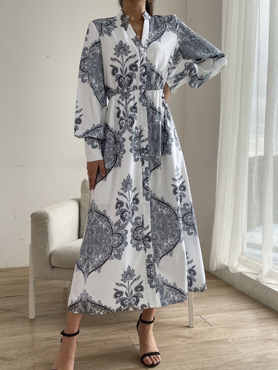 Printed Notched Lantern Sleeve Midi Dress - Casual Dress