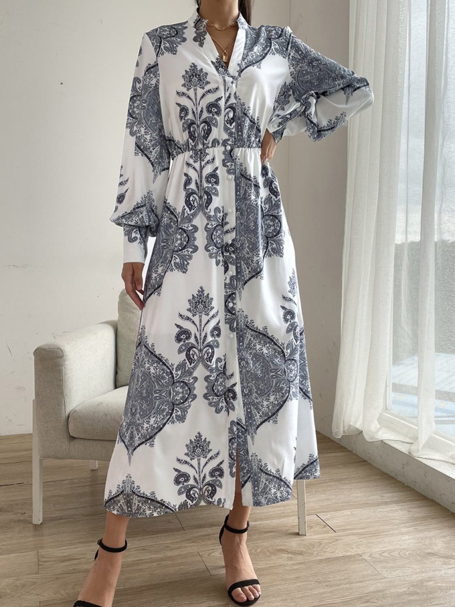 Printed Notched Lantern Sleeve Midi Dress - Casual Dress