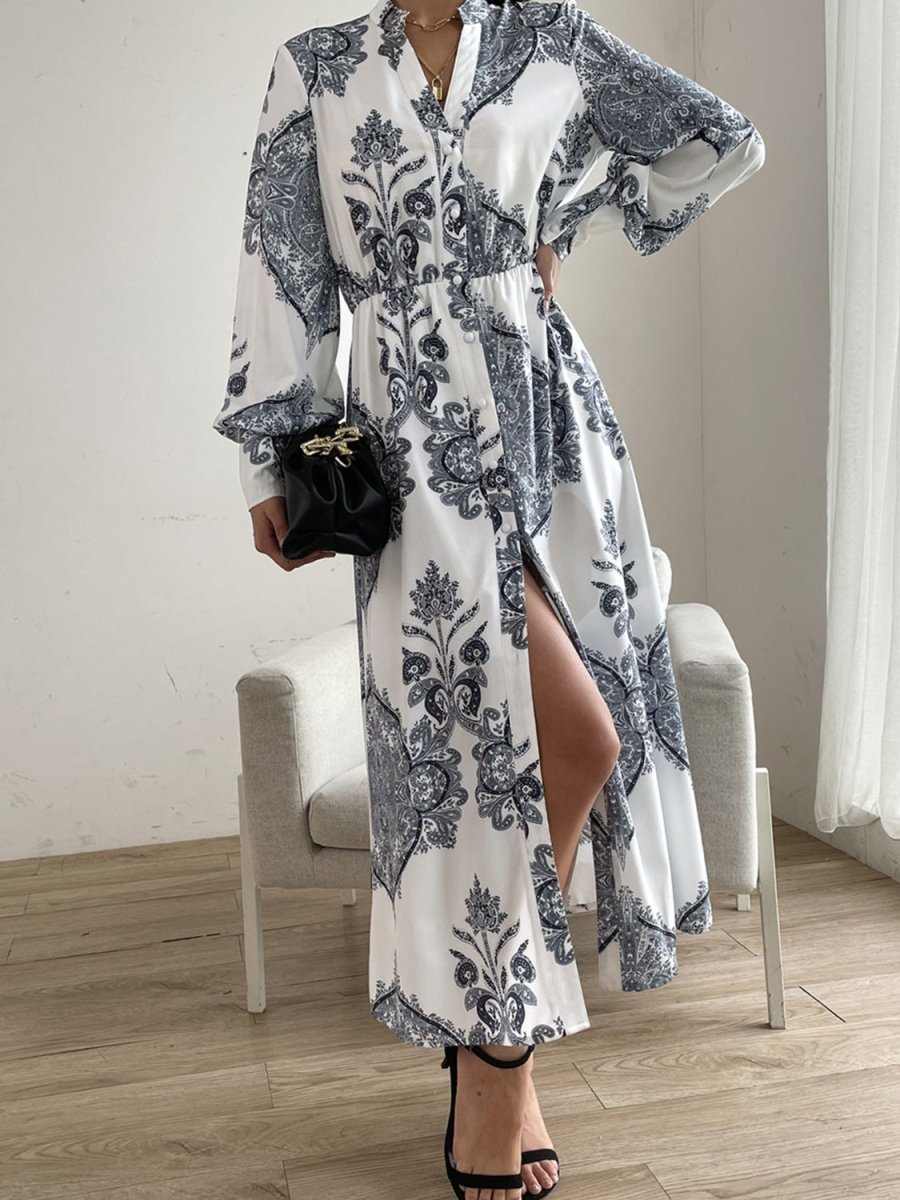 Printed Notched Lantern Sleeve Midi Dress - Casual Dress