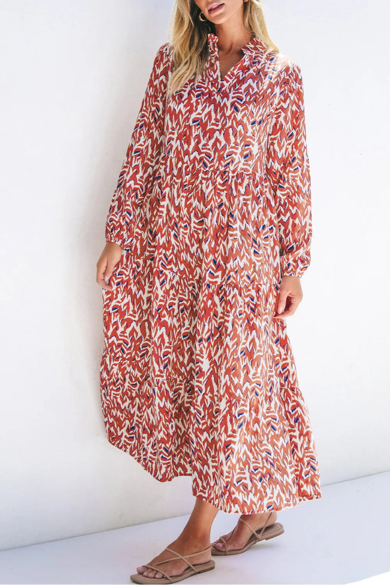 Printed Notched Long Sleeve Dress - Casual Dress