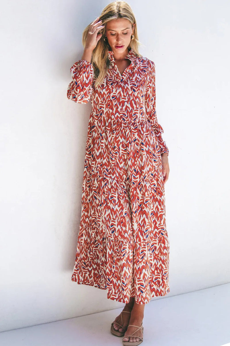Printed Notched Long Sleeve Dress - Casual Dress