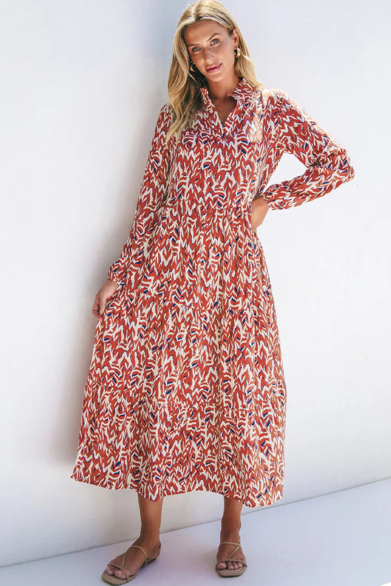 Printed Notched Long Sleeve Dress - Casual Dress
