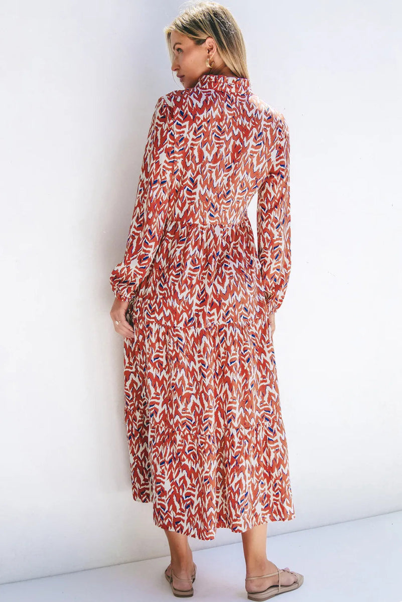 Printed Notched Long Sleeve Dress - Casual Dress