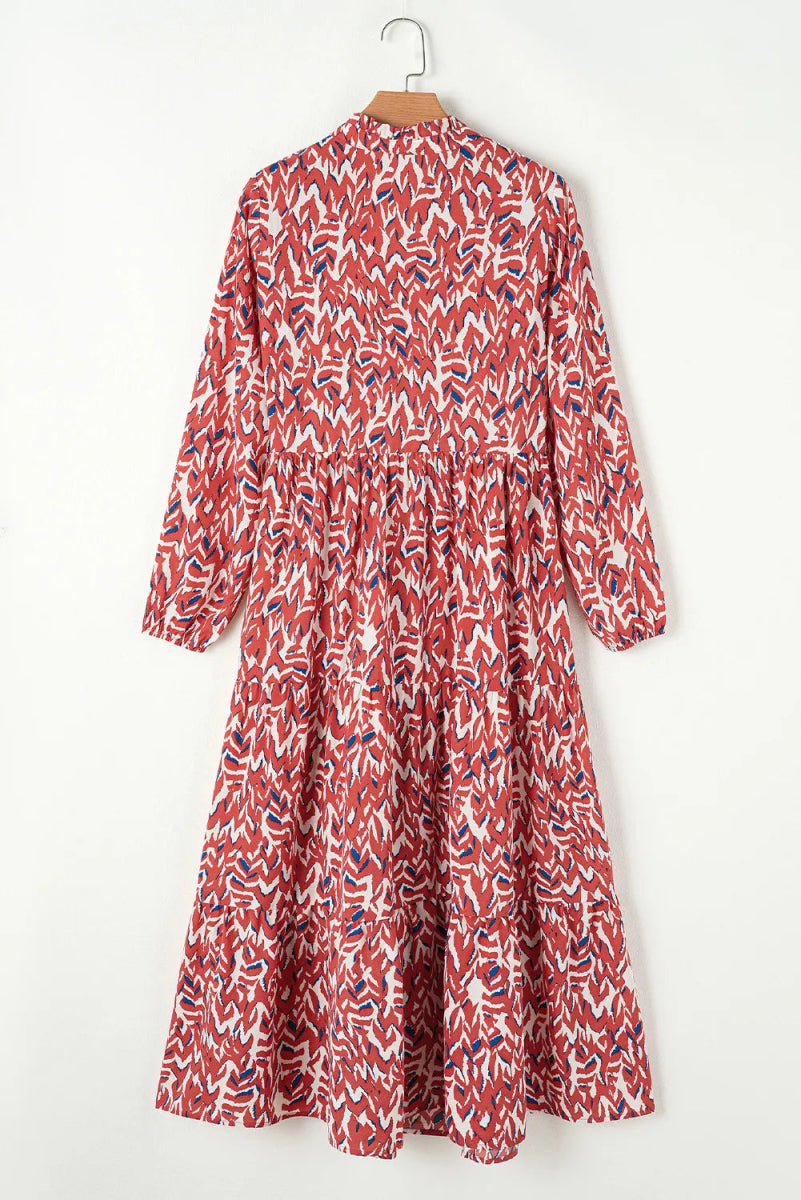 Printed Notched Long Sleeve Dress - Casual Dress