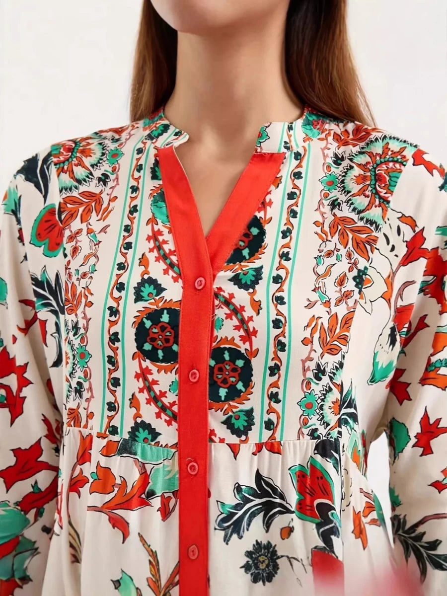 Printed Notched Long Sleeve Maxi Dress - 