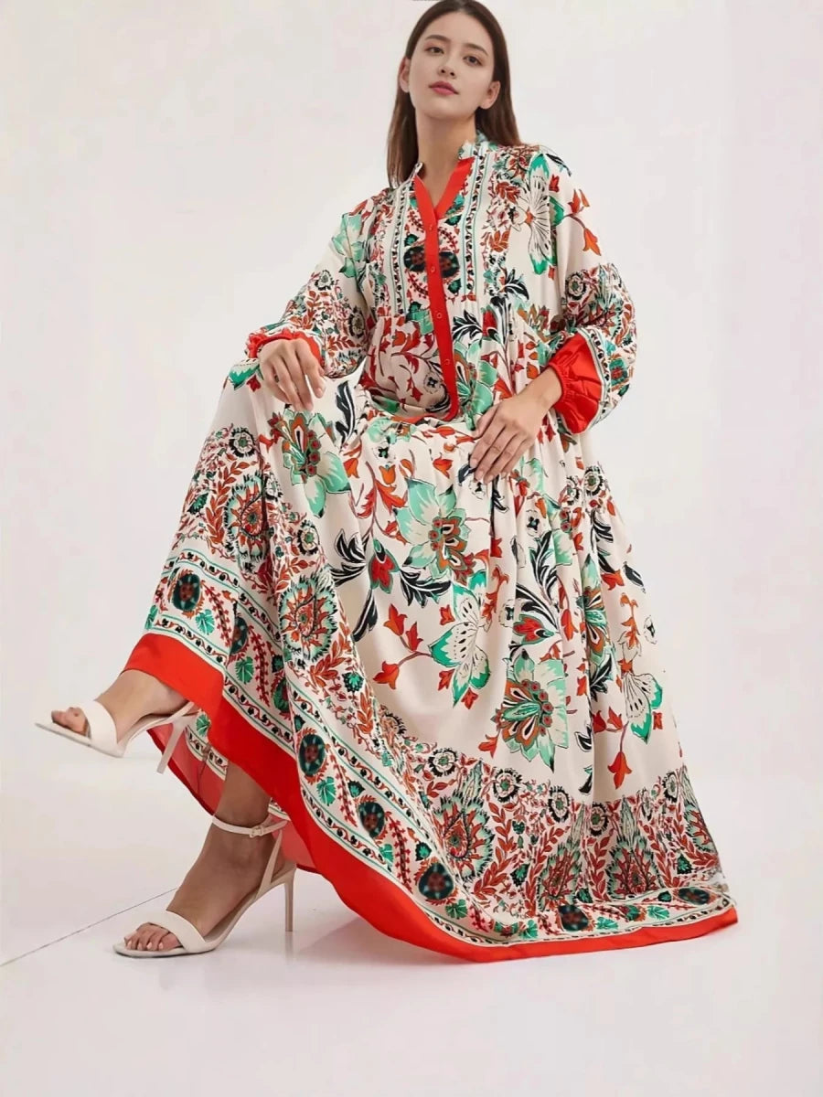Printed Notched Long Sleeve Maxi Dress - 