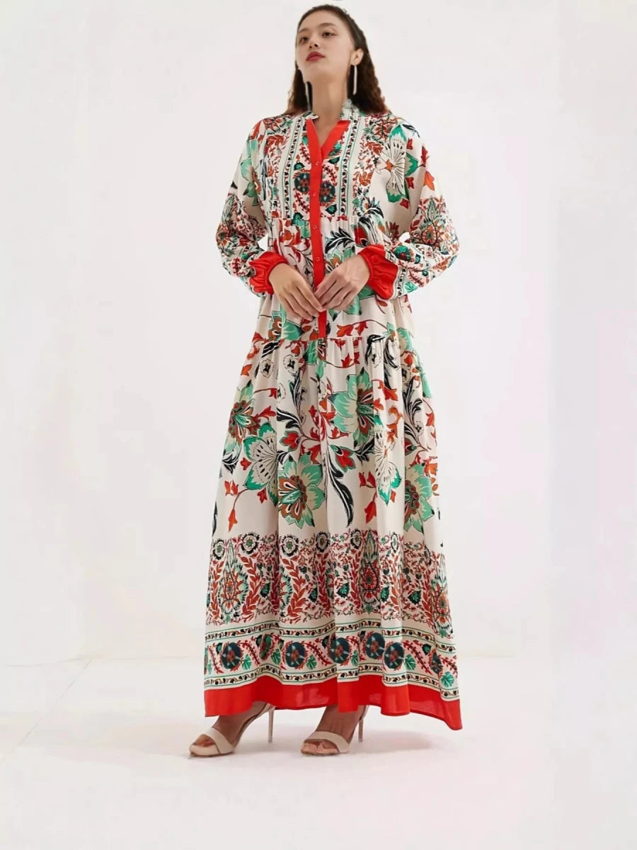 Printed Notched Long Sleeve Maxi Dress - 