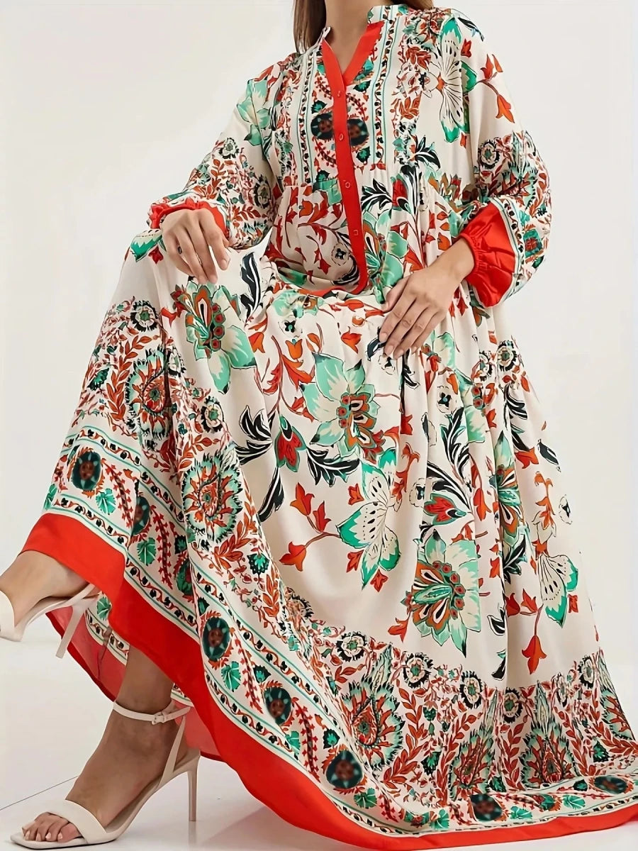 Printed Notched Long Sleeve Maxi Dress - 