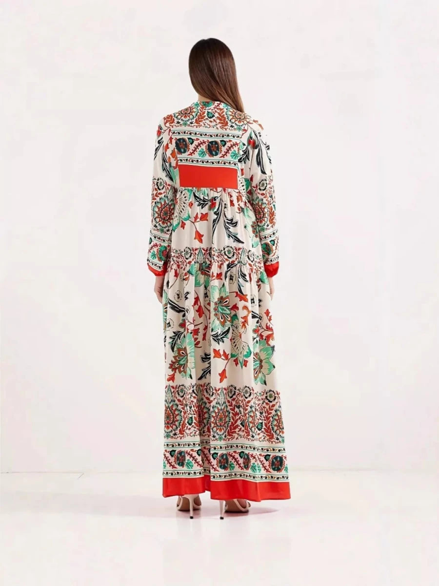 Printed Notched Long Sleeve Maxi Dress - 
