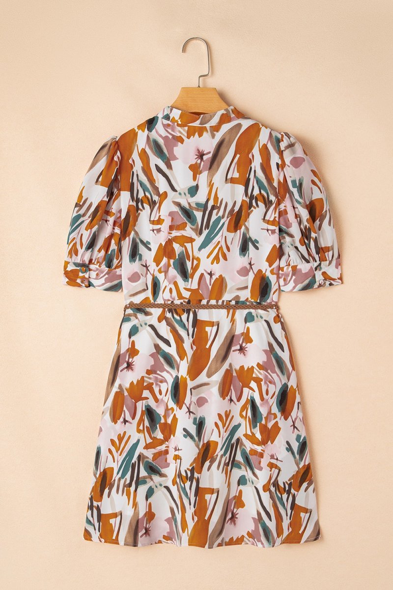 Printed Notched Short Sleeve Mini Dress - New Arrivals