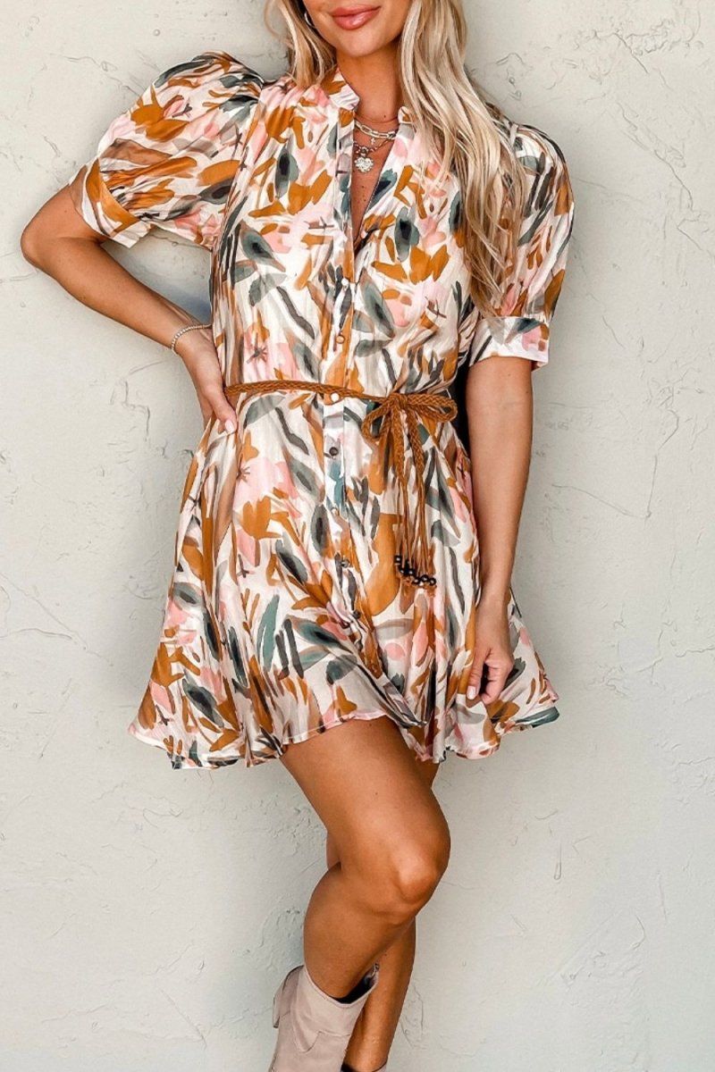 Printed Notched Short Sleeve Mini Dress - New Arrivals