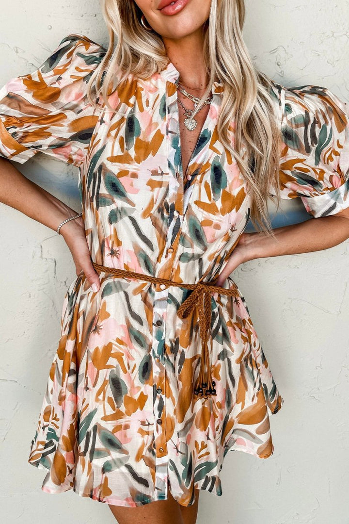 Printed Notched Short Sleeve Mini Dress - New Arrivals