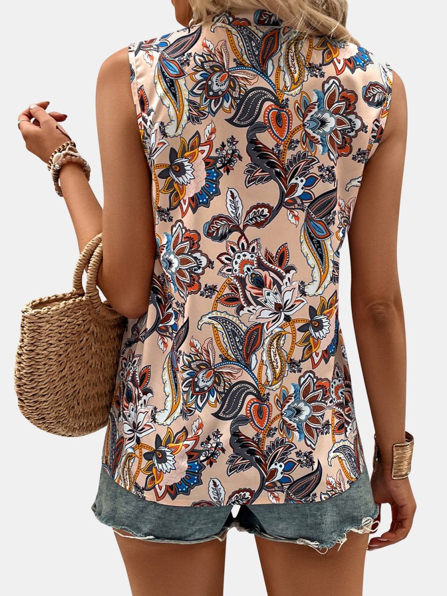 Printed Notched Sleeveless Top - Top