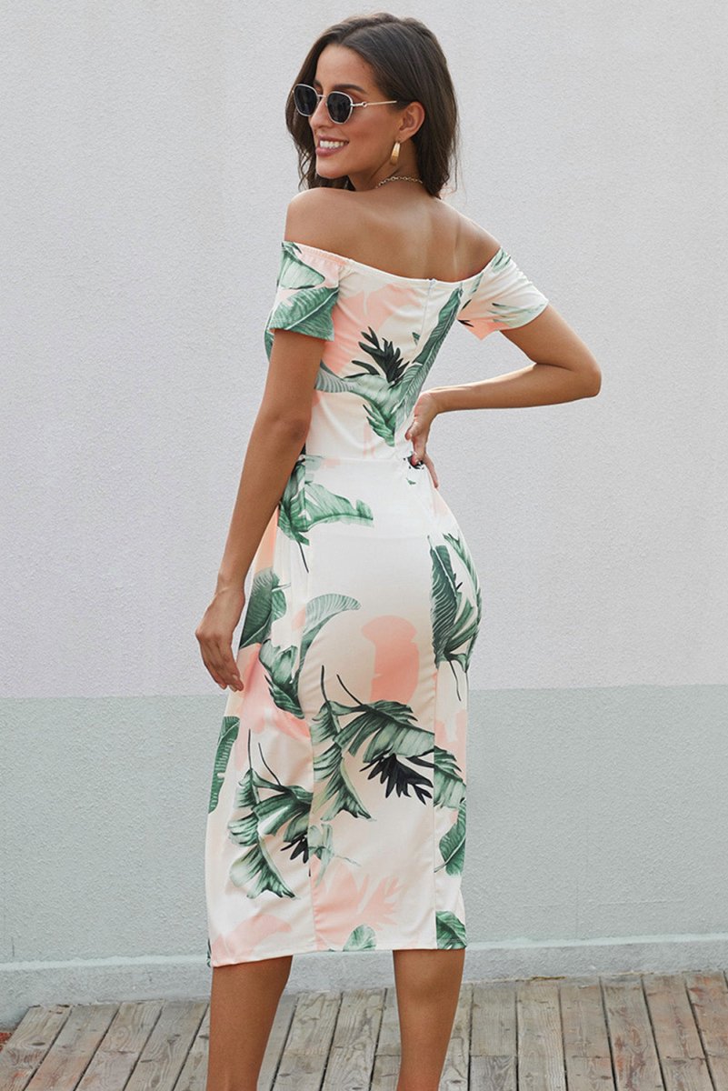 Printed Off - Shoulder Split Dress - New Arrivals