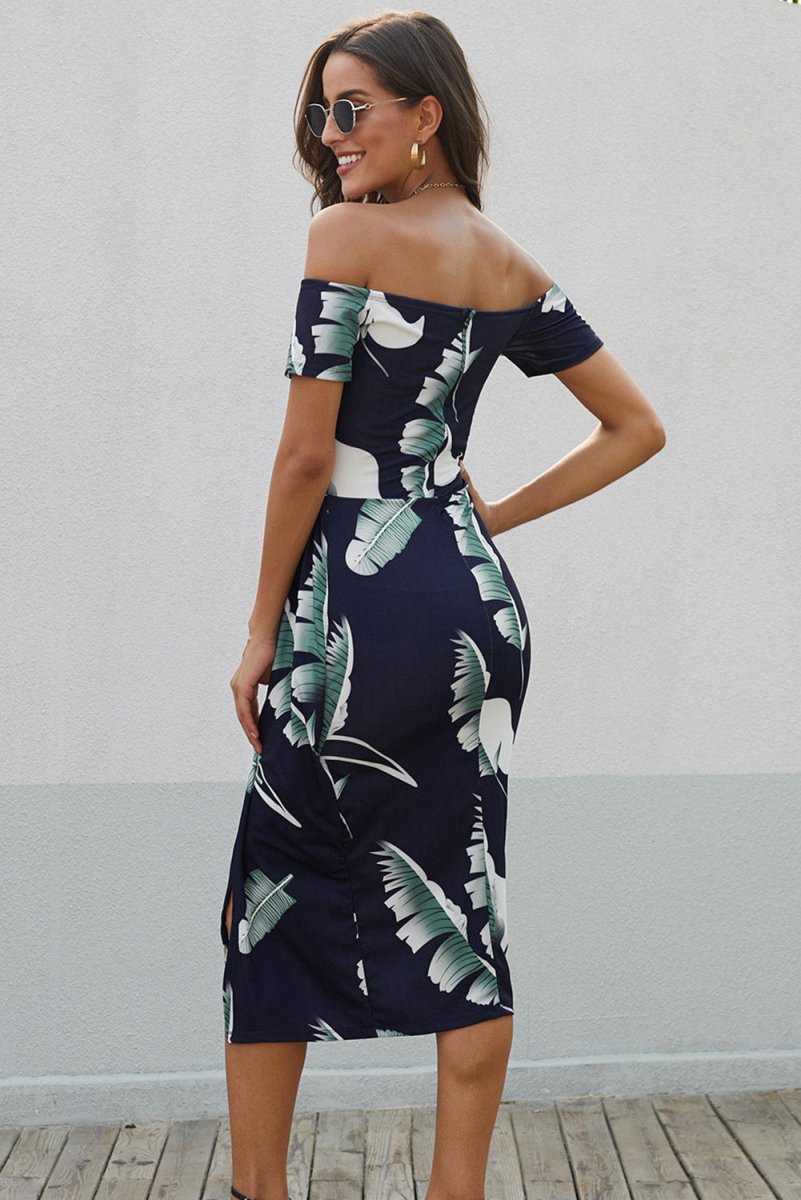 Printed Off - Shoulder Split Dress - New Arrivals