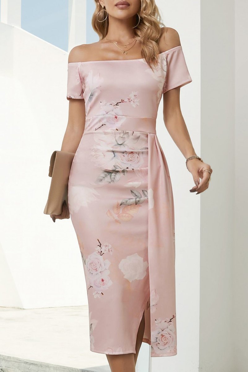 Printed Off - Shoulder Split Dress - New Arrivals