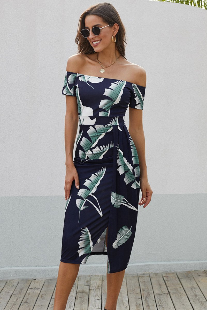 Printed Off - Shoulder Split Dress - New Arrivals