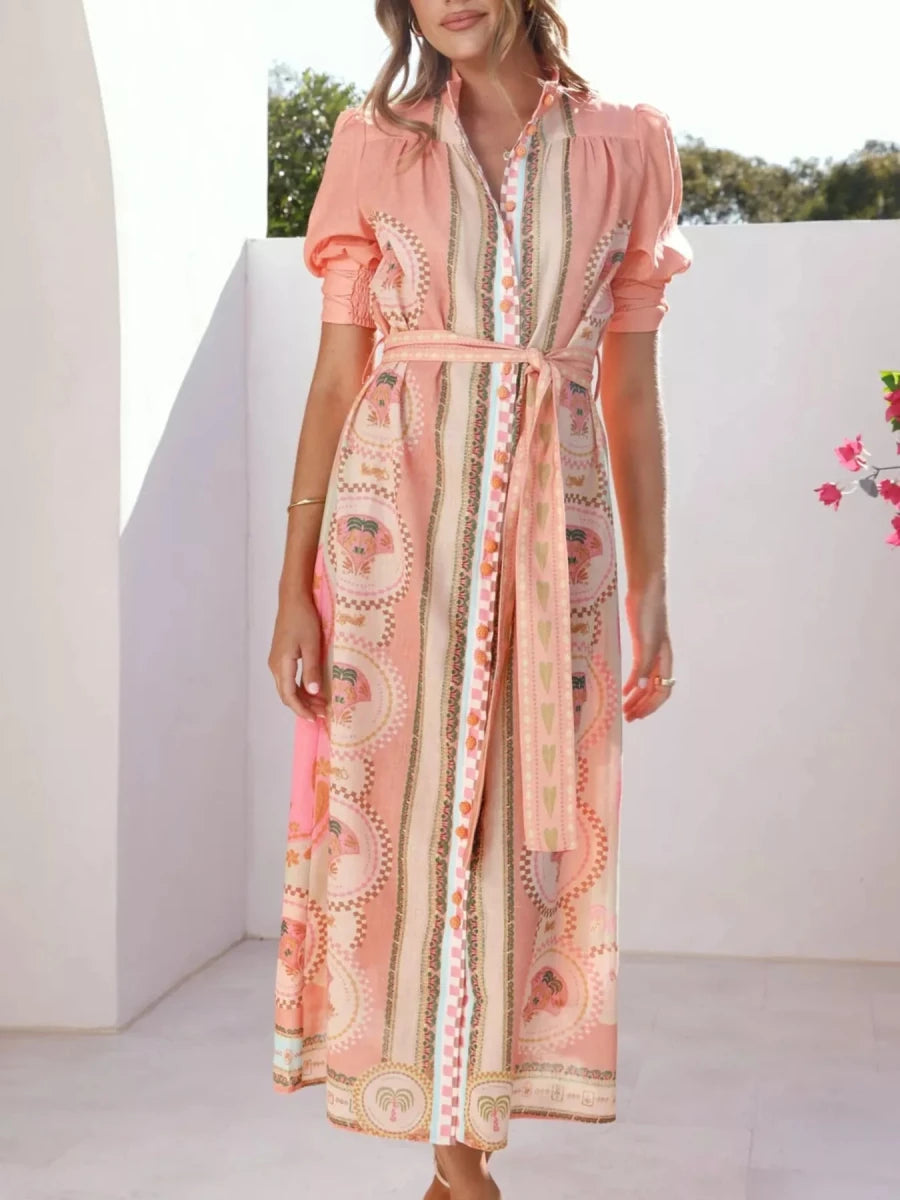 Printed Puff Sleeve Tie Waist Midi Dress - 