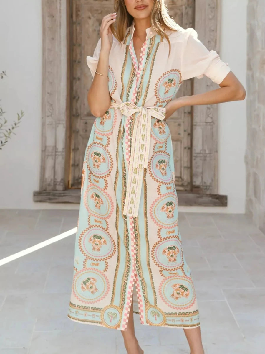 Printed Puff Sleeve Tie Waist Midi Dress - 